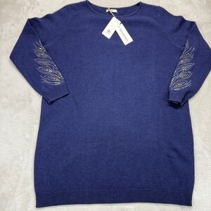 Woollovers Shirt Women's XL Boat Neck Tunic Sweater Navy Blue Embellished Sleeve